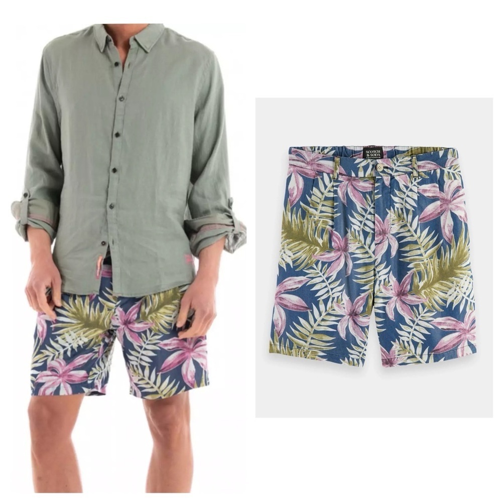 Scotch & Soda | Hawaiian Tropical Men's Printed Pleated Twill Shorts | 33